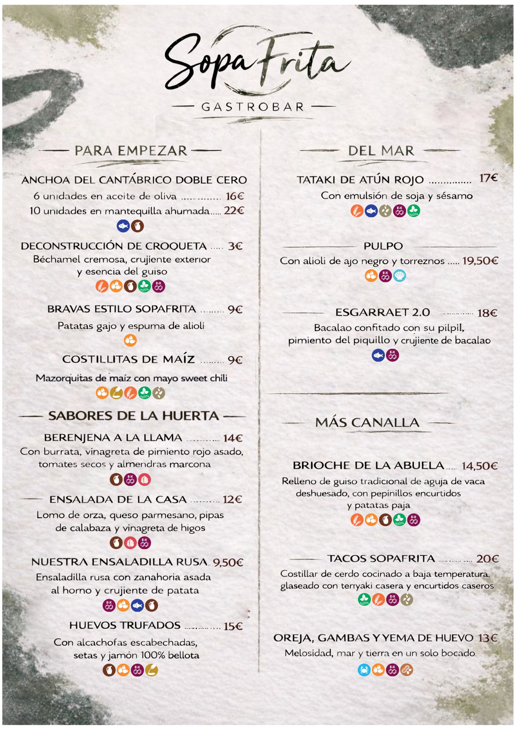 Carta restaurante SopaFrita Gastrobar